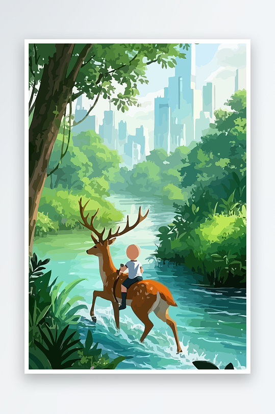 梅花鹿孩童风景插画-众图网
