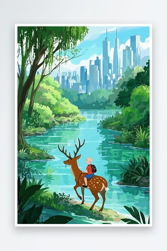 梅花鹿孩童风景插画元素-众图网