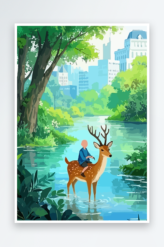 梅花鹿孩童风景插画元素-众图网