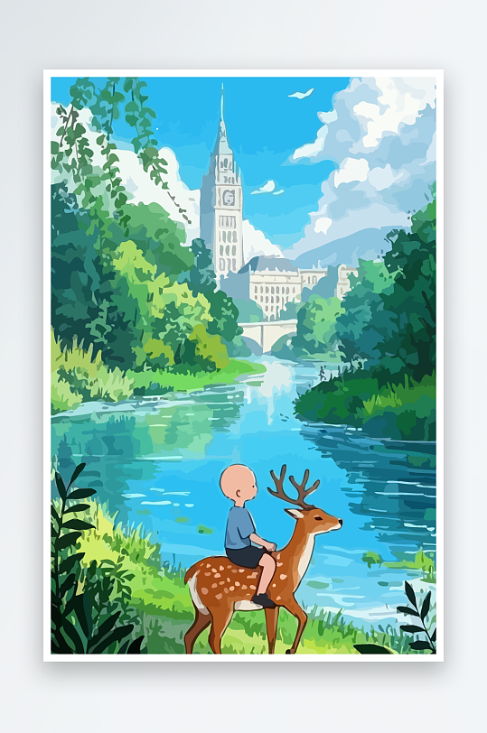 梅花鹿孩童风景插画元素-众图网
