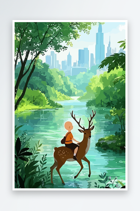 梅花鹿孩童风景插画元素-众图网