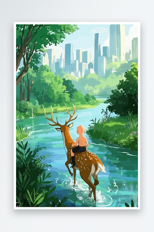 梅花鹿孩童风景插画元素-众图网