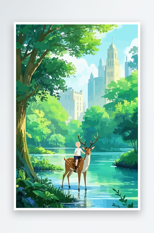 梅花鹿孩童风景插画元素-众图网