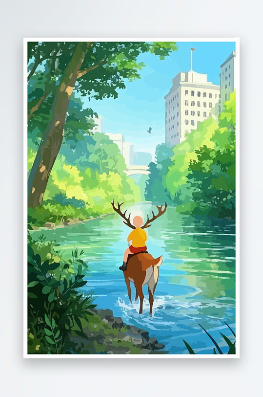 梅花鹿孩童风景插画元素-众图网