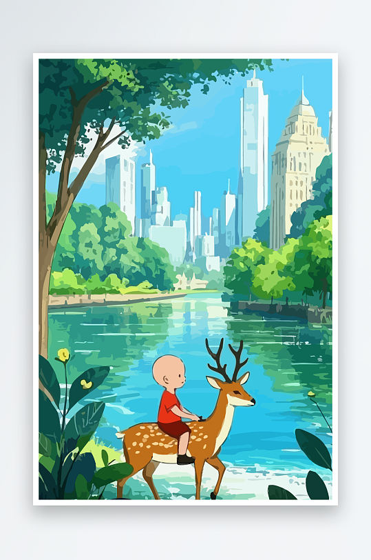 梅花鹿孩童风景插画元素-众图网
