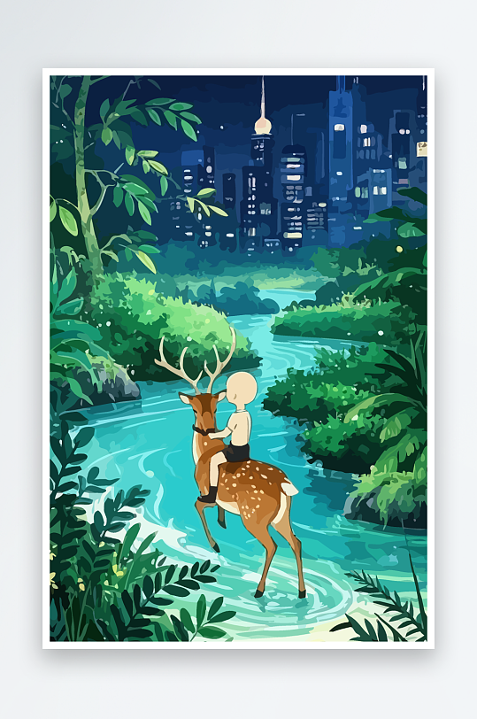 梅花鹿孩童风景插画元素-众图网