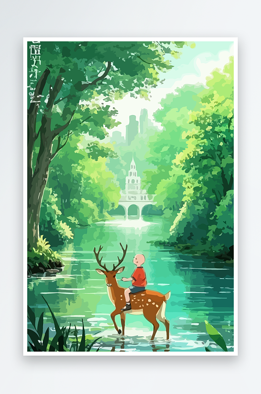 梅花鹿孩童风景插画元素-众图网