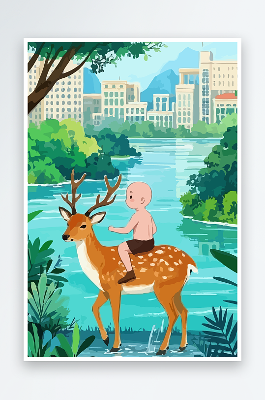梅花鹿孩童风景插画-众图网