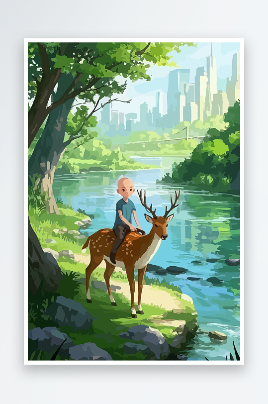 梅花鹿孩童风景插画-众图网