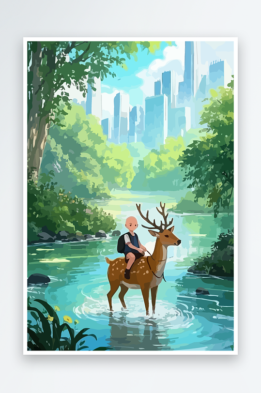 梅花鹿孩童风景插画-众图网