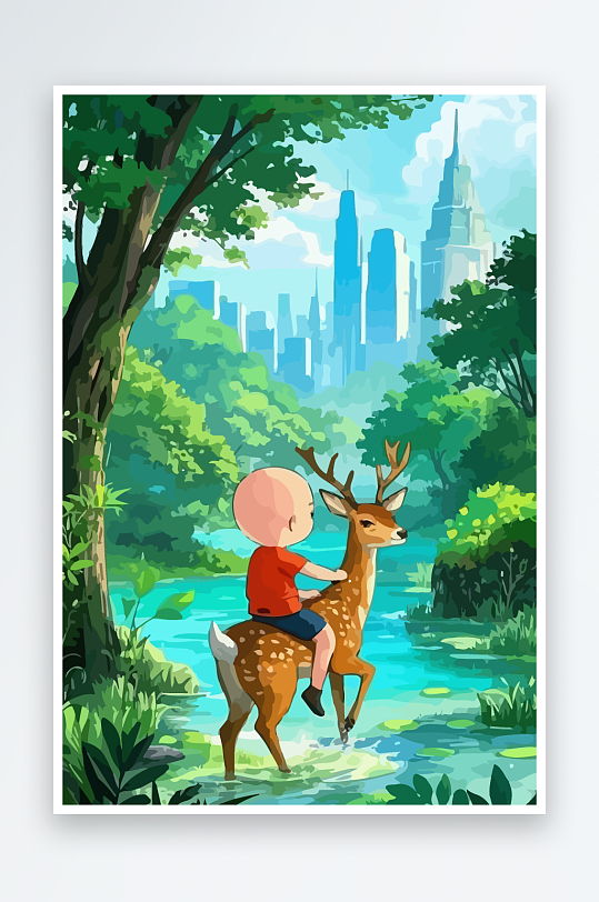 梅花鹿孩童风景插画-众图网