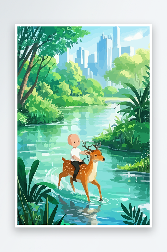 梅花鹿孩童风景插画-众图网