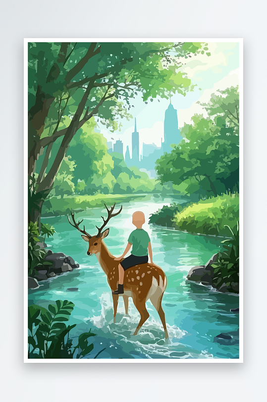 梅花鹿孩童风景插画-众图网