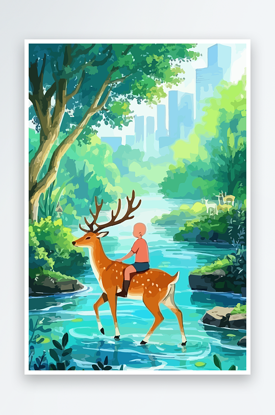 梅花鹿孩童风景插画-众图网