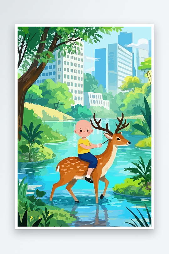 梅花鹿孩童风景插画元素-众图网