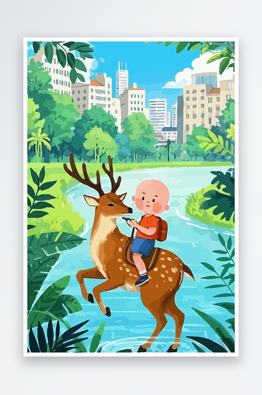 梅花鹿孩童风景插画元素-众图网