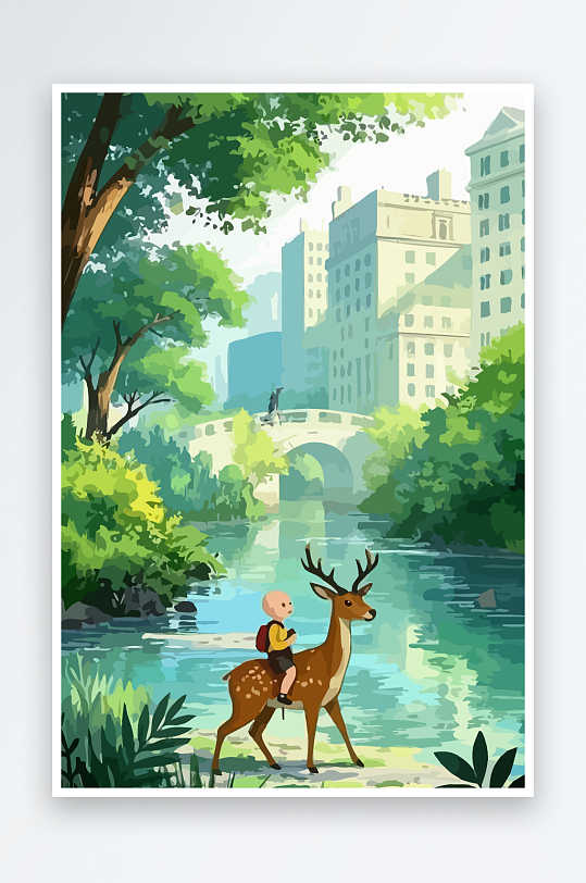 梅花鹿孩童风景插画元素-众图网