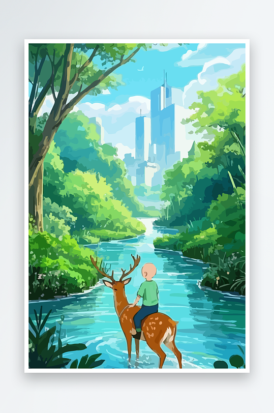 梅花鹿孩童风景插画元素-众图网