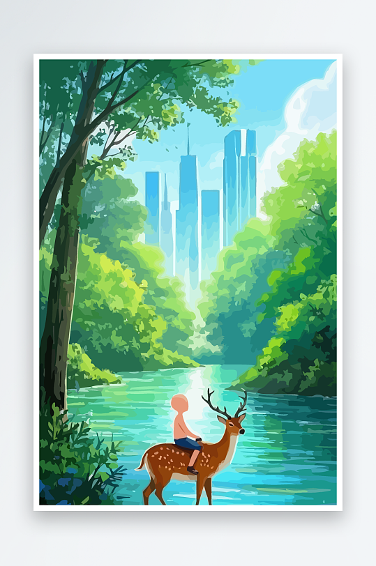 梅花鹿孩童风景插画元素-众图网
