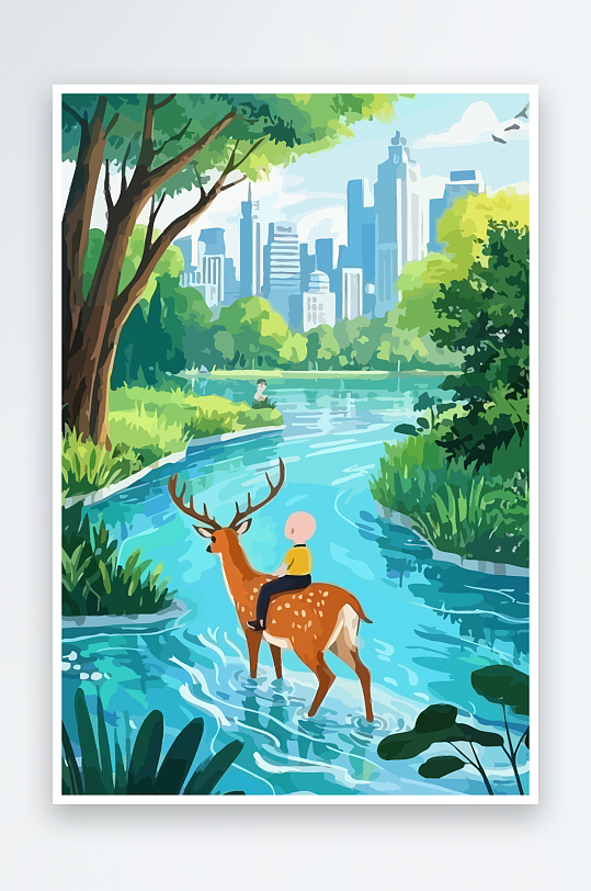 梅花鹿孩童风景插画元素-众图网