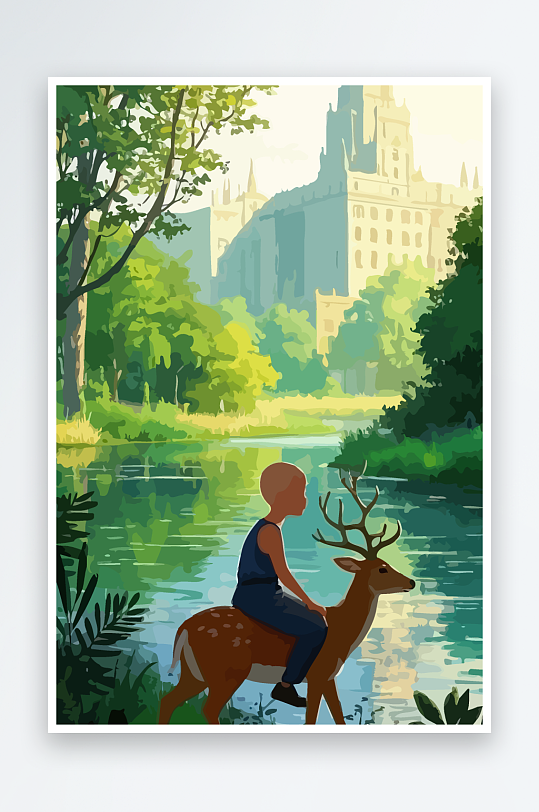 梅花鹿孩童风景插画元素-众图网
