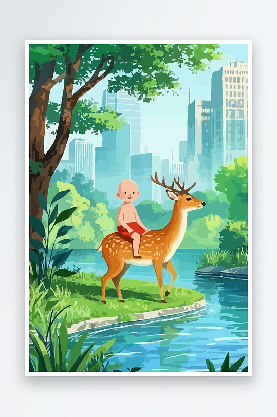 梅花鹿孩童风景插画元素-众图网