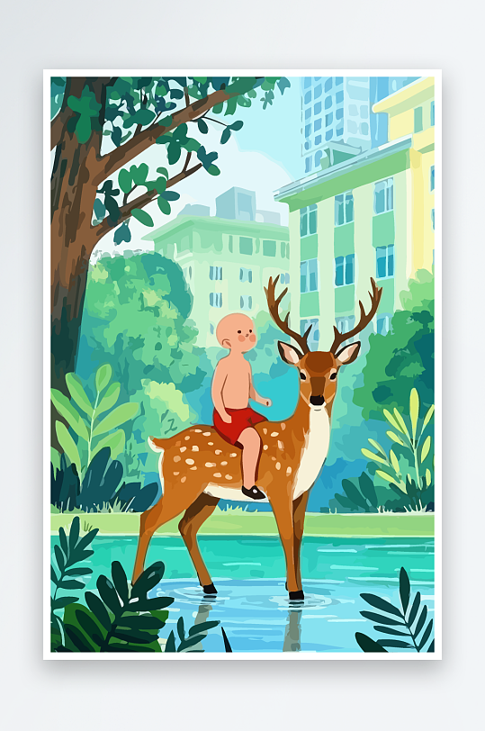 梅花鹿孩童风景插画元素-众图网
