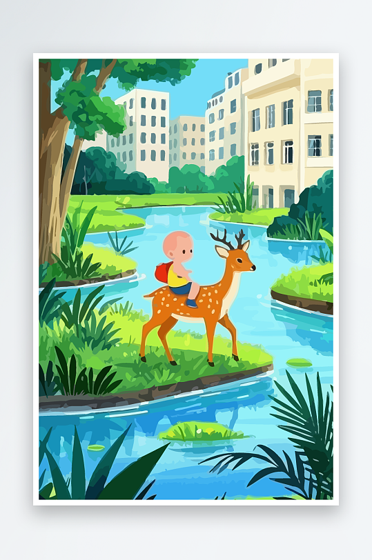 梅花鹿孩童风景插画-众图网