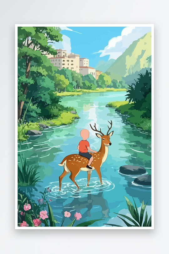 梅花鹿孩童风景插画-众图网