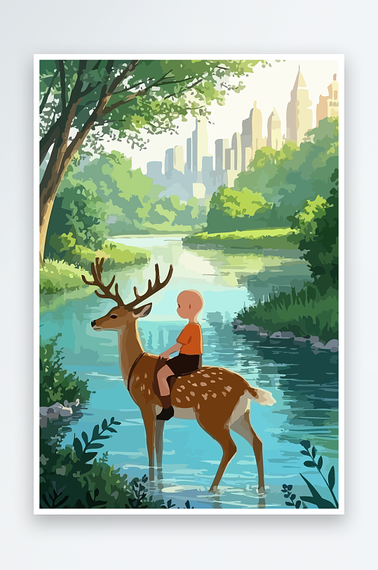 梅花鹿孩童风景插画-众图网