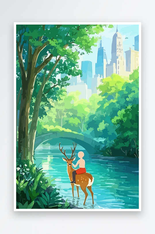梅花鹿孩童风景插画-众图网