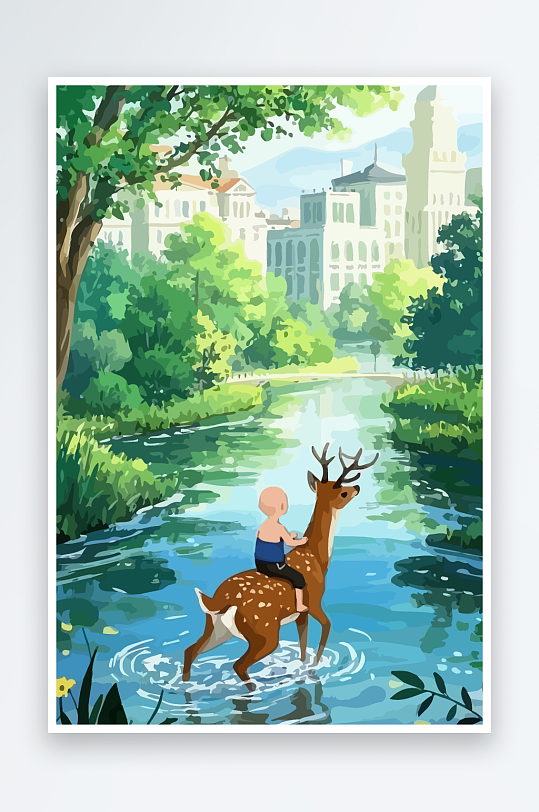 梅花鹿孩童风景插画-众图网