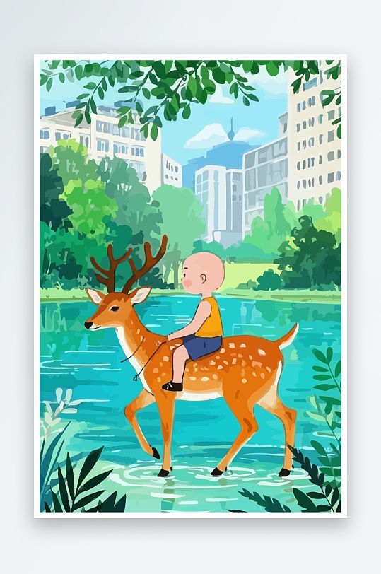 梅花鹿孩童风景插画-众图网