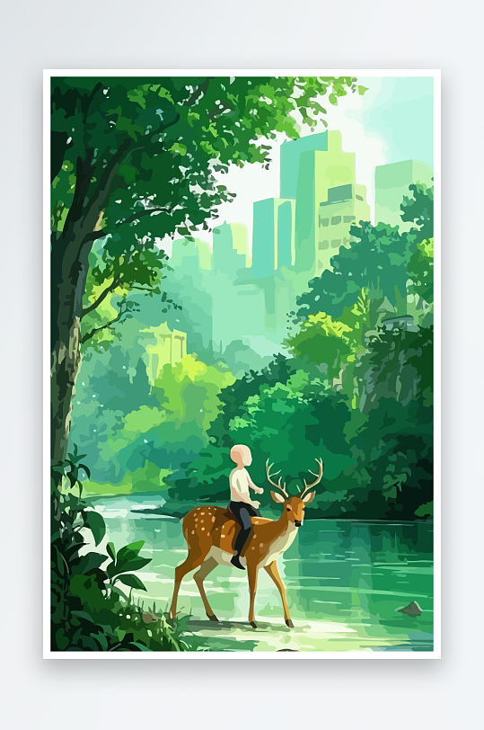梅花鹿孩童风景插画-众图网