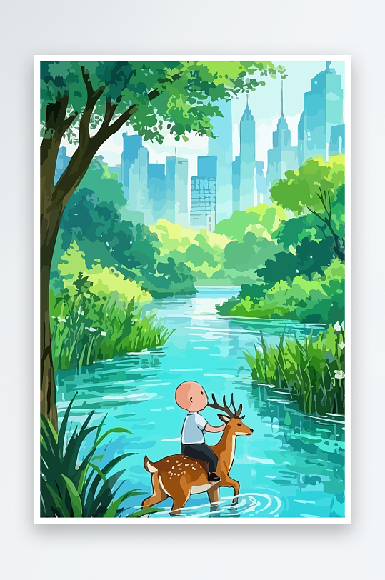 梅花鹿孩童风景插画-众图网