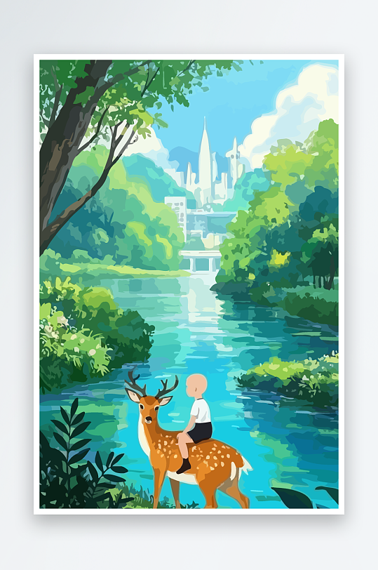 梅花鹿孩童风景插画-众图网