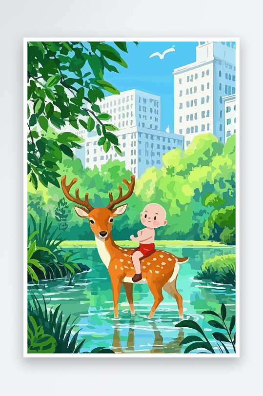 梅花鹿孩童风景插画元素-众图网