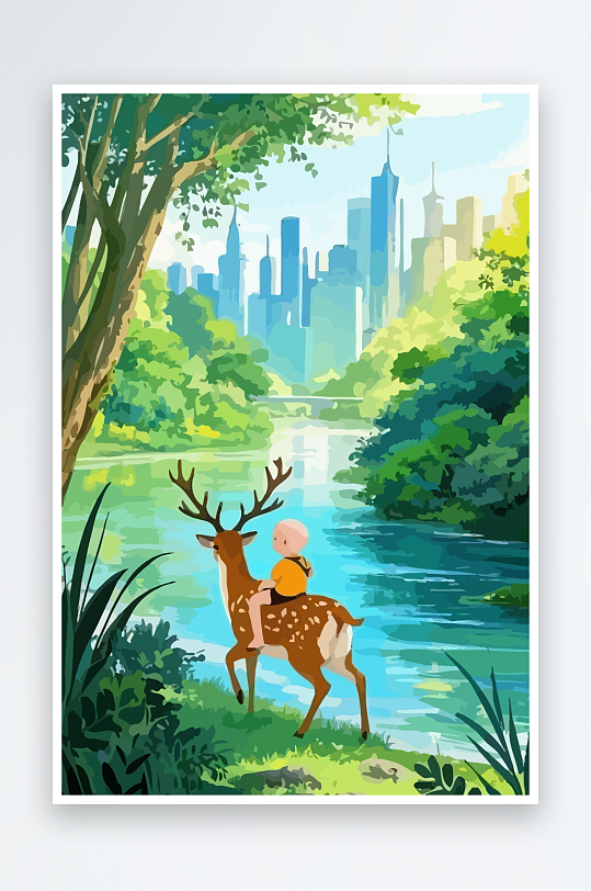 梅花鹿孩童风景插画元素-众图网