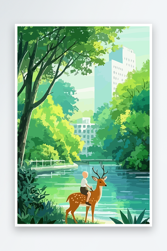 梅花鹿孩童风景插画元素-众图网