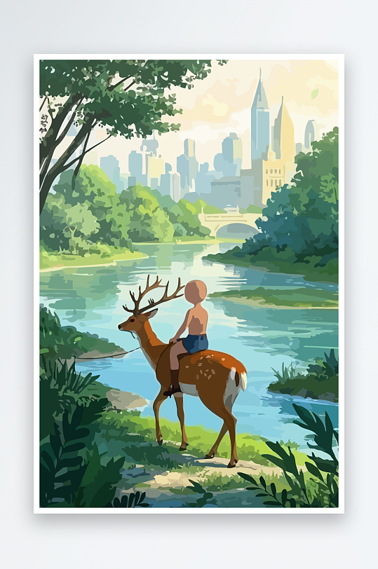 梅花鹿孩童风景插画元素-众图网