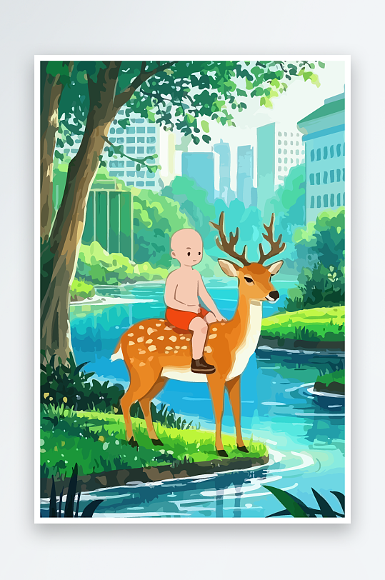梅花鹿孩童风景插画元素-众图网