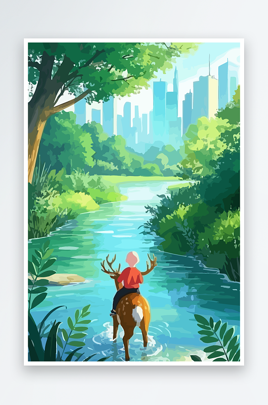 梅花鹿孩童风景插画-众图网