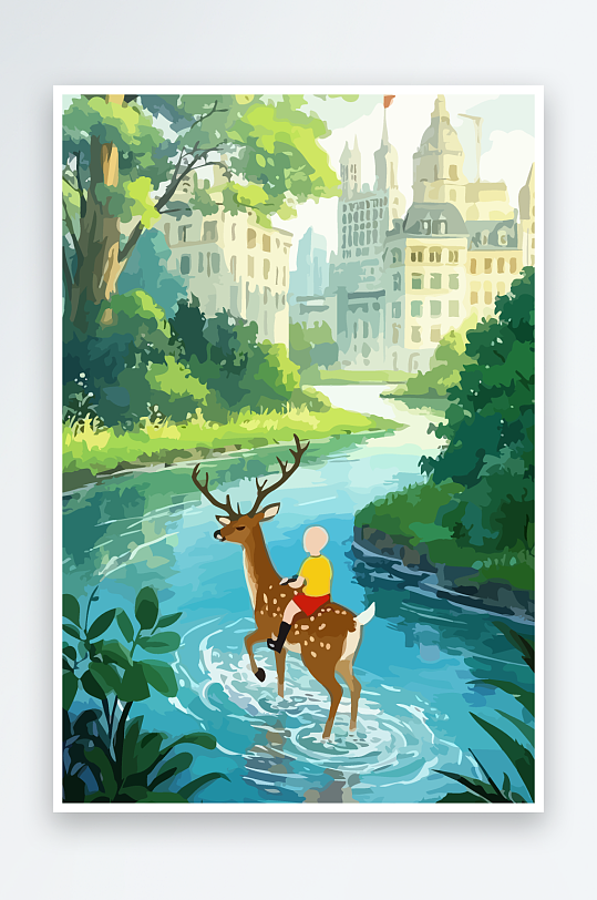梅花鹿孩童风景插画-众图网