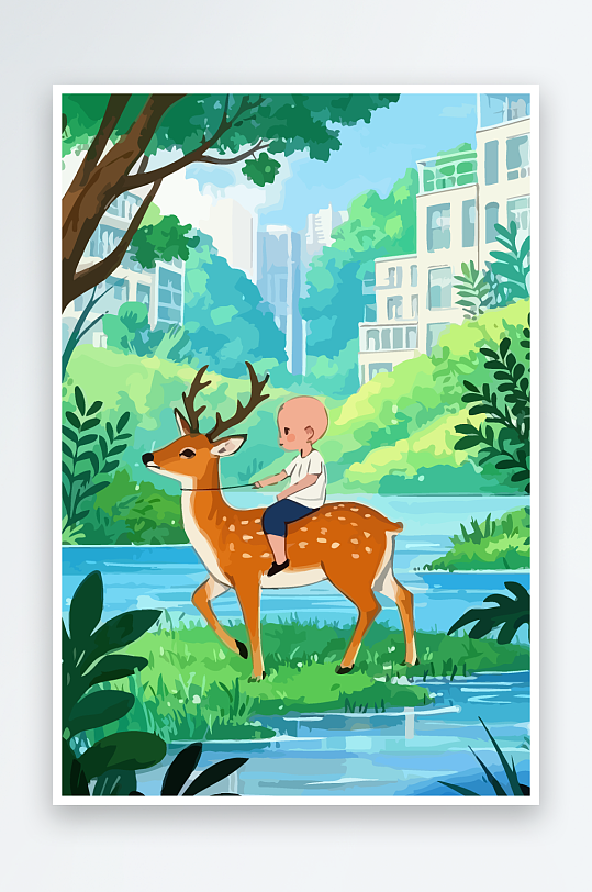 梅花鹿孩童风景插画-众图网