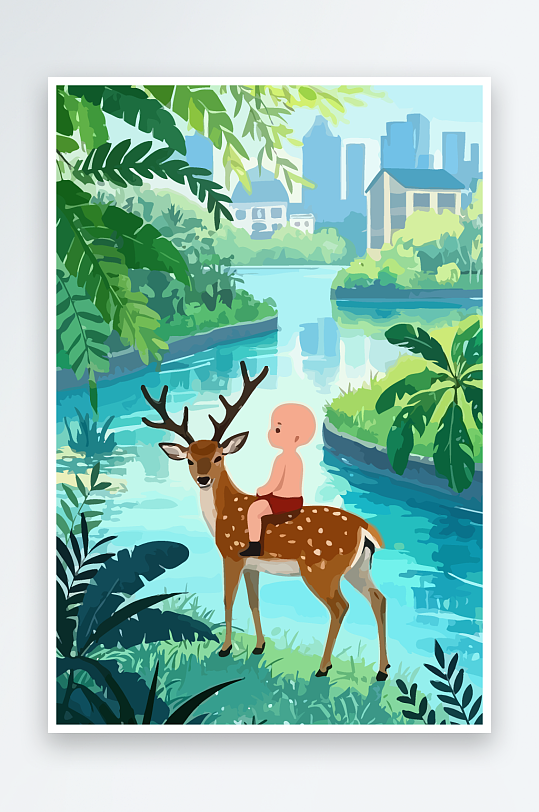 梅花鹿孩童风景插画-众图网