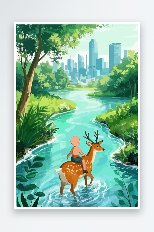 梅花鹿孩童风景插画-众图网