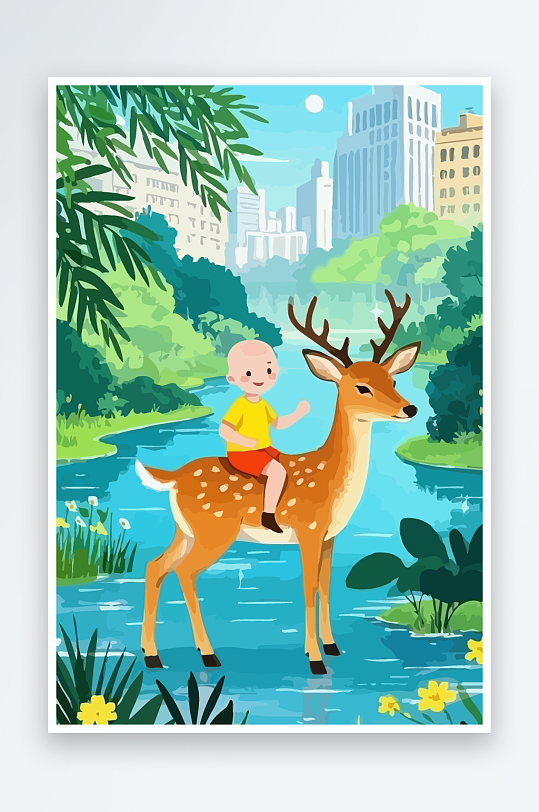 梅花鹿孩童风景插画-众图网