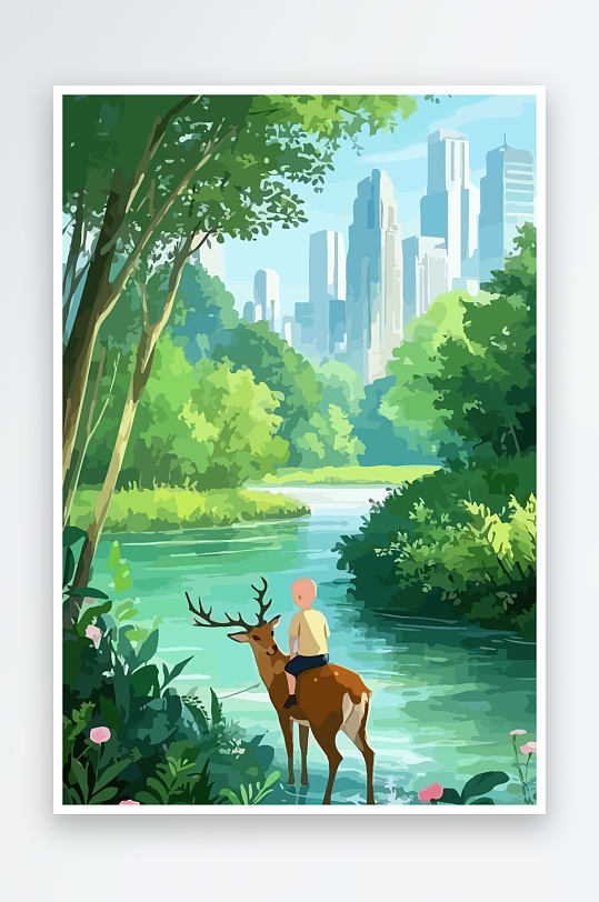 梅花鹿孩童风景插画-众图网