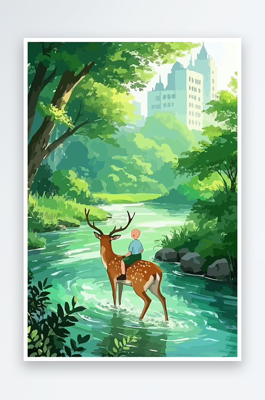 梅花鹿孩童风景插画元素-众图网