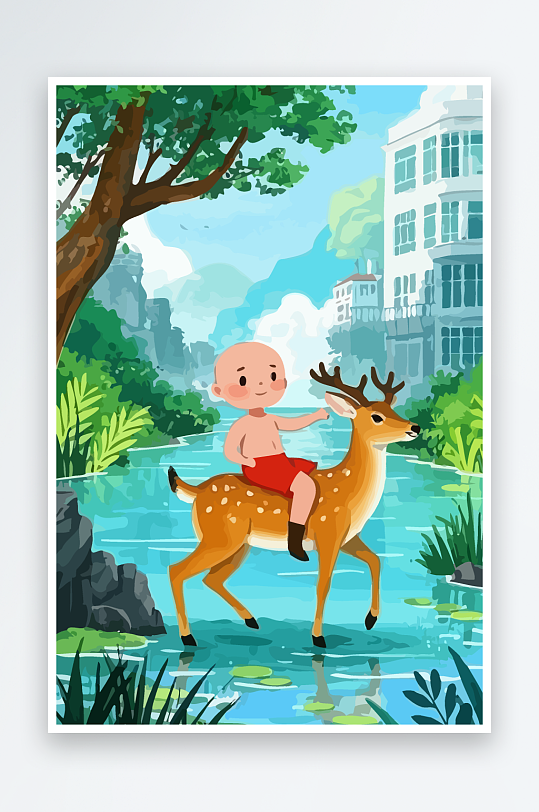 梅花鹿孩童风景插画元素-众图网